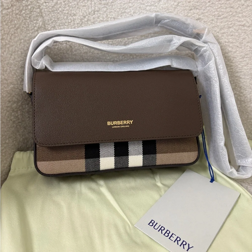 Burberry Brown Leather Crossbody Bag with Signature Check NEW EBONY BROWN - Picture 2 of 10